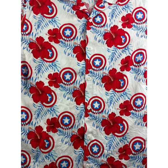 Marvel Captain America Mens Large White Red Blue Floral Shield Rayon Shirt LG - Picture 4 of 8